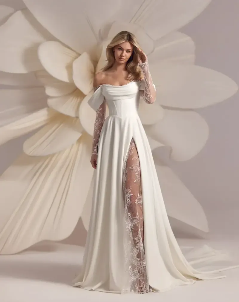 A wedding gown with a thigh-high slit