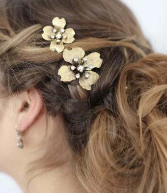 Twigs & Honey #Dogwood Flower Hair Pin Pair #1 Antique Gold thumbnail